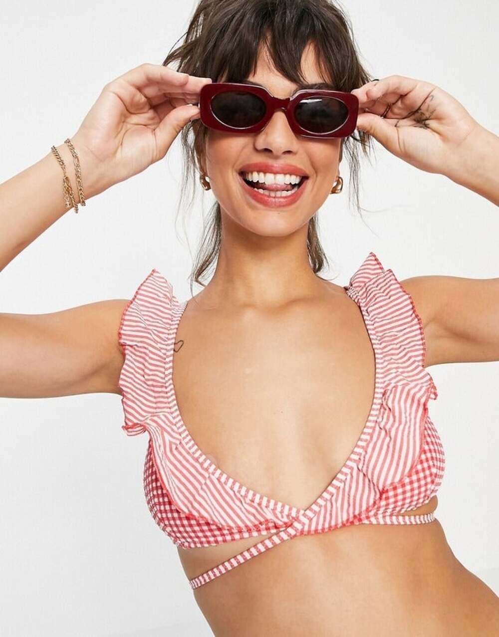 NWOT Aerie Red Gingham Ruffle Wrap Scoop Preppy Beach Summer Bikini Top M